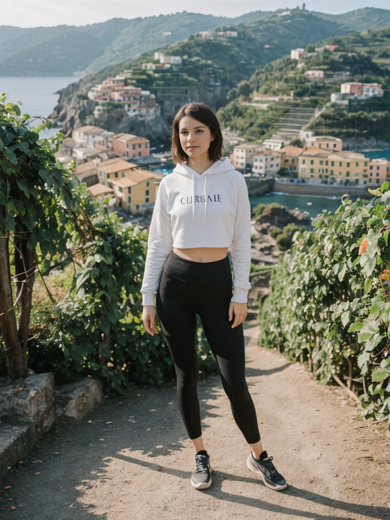 her name is Elle, high quality, 1girl, ((20-year-old fit Caucasian woman)), ((20 years old)), ((fit)), ((pale skin)), short length straight dark hair , wearing Graphic Cropped Hoodie + High-Waisted Vinyl Leggings, pose: standing, background: Detail the romantic ambiance of the Cinque Terre in Italy, with its colorful cliffside villages, terraced vineyards, and scenic coastal hiking trails.