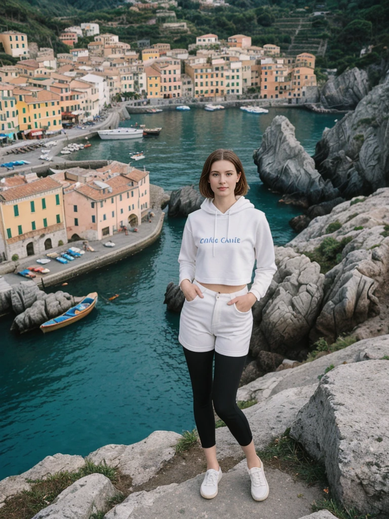 her name is Elle, high quality, 1girl, ((20-year-old fit Caucasian woman)), ((20 years old)), ((fit)), ((pale skin)), short length straight dark hair , wearing Graphic Cropped Hoodie + High-Waisted Vinyl Leggings, pose: standing, background: Detail the romantic ambiance of the Cinque Terre in Italy, with its colorful cliffside villages, terraced vineyards, and scenic coastal hiking trails.