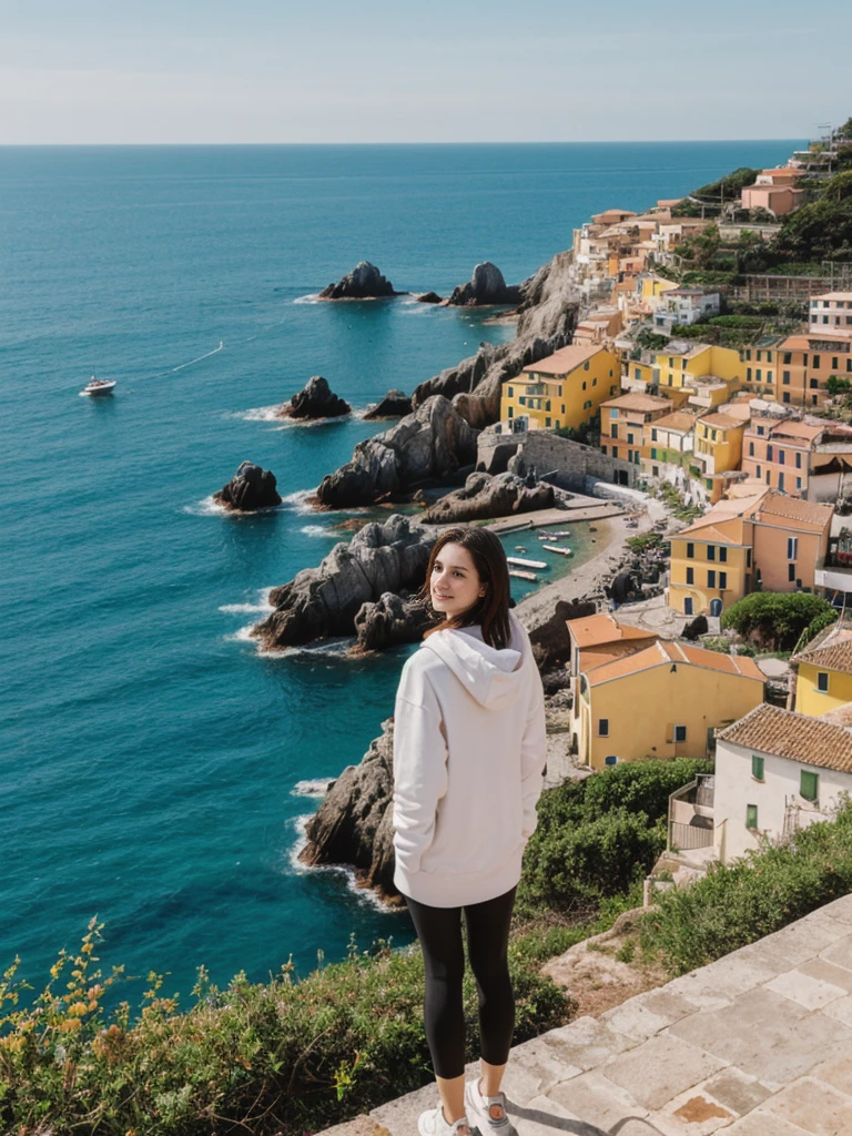 her name is Elle, high quality, 1girl, ((20-year-old fit Caucasian woman)), ((20 years old)), ((fit)), ((pale skin)), short length straight dark hair , wearing Graphic Cropped Hoodie + High-Waisted Vinyl Leggings, pose: standing, background: Detail the romantic ambiance of the Cinque Terre in Italy, with its colorful cliffside villages, terraced vineyards, and scenic coastal hiking trails.