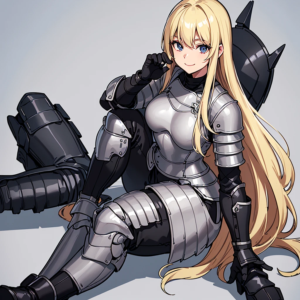 (((Solo)))、Highest quality, Best Quality、8K、Best illustrations、(Full body character concept)、(((Gray simple armor、Black trousers、Black gloves))、(woman、18-year-old)、(Blonde、Long Hair)、(White background)、(Get on both knees、sit)、(smile、smile)、From above