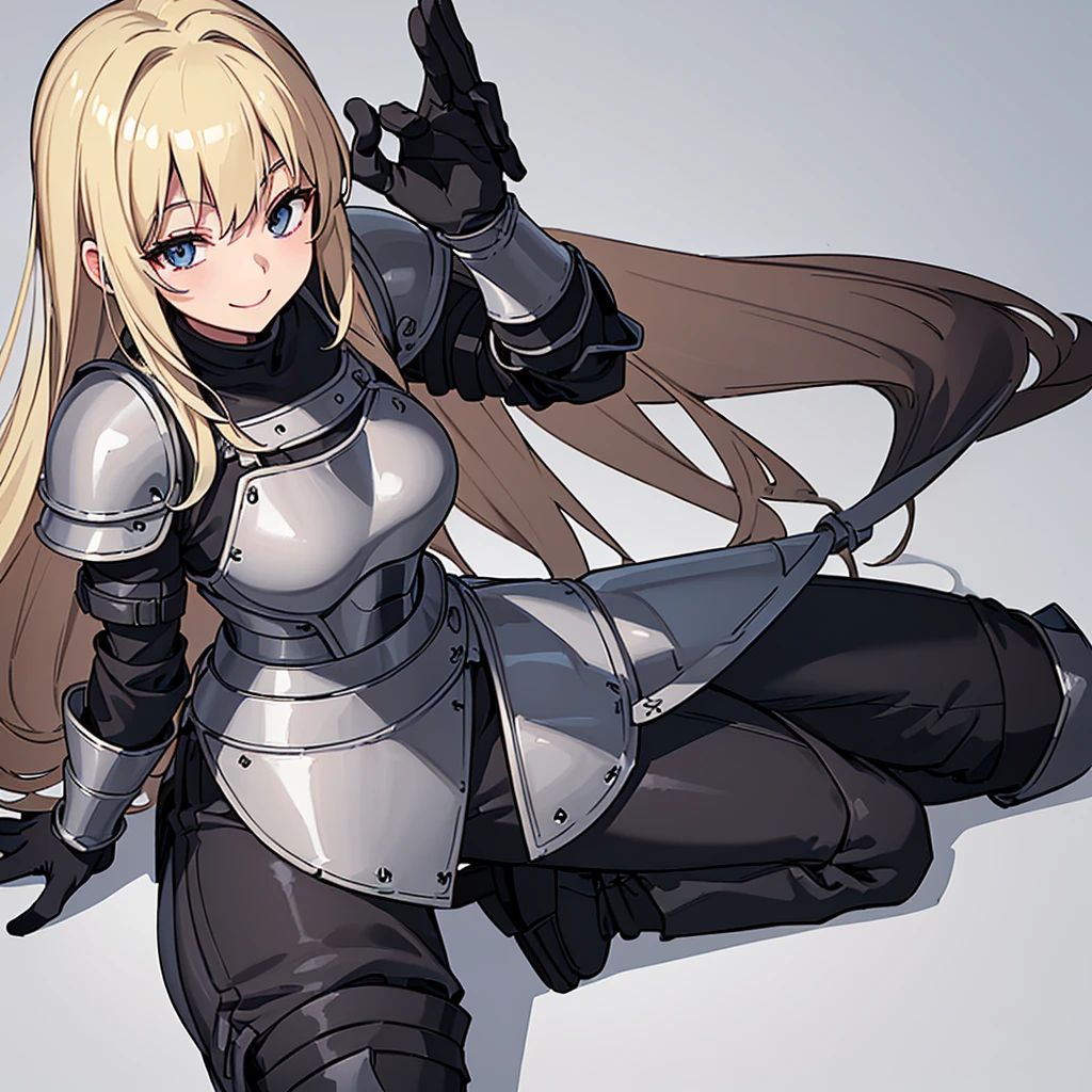 (((Solo)))、Highest quality, Best Quality、8K、Best illustrations、(Full body character concept)、(((Gray simple armor、Black trousers、Black gloves))、(woman、18-year-old)、(Blonde、Long Hair)、(White background)、(Get on both knees、sit)、(smile、smile)、From above