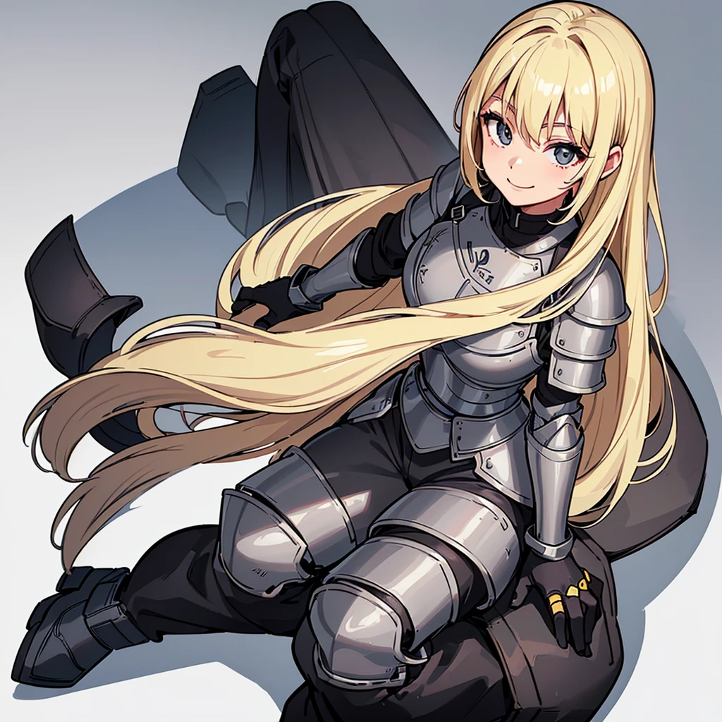 (((Solo)))、Highest quality, Best Quality、8K、Best illustrations、(Full body character concept)、(((Gray simple armor、Black trousers、Black gloves))、(woman、18-year-old)、(Blonde、Long Hair)、(White background)、(Get on both knees、sit)、(smile、smile)、From above