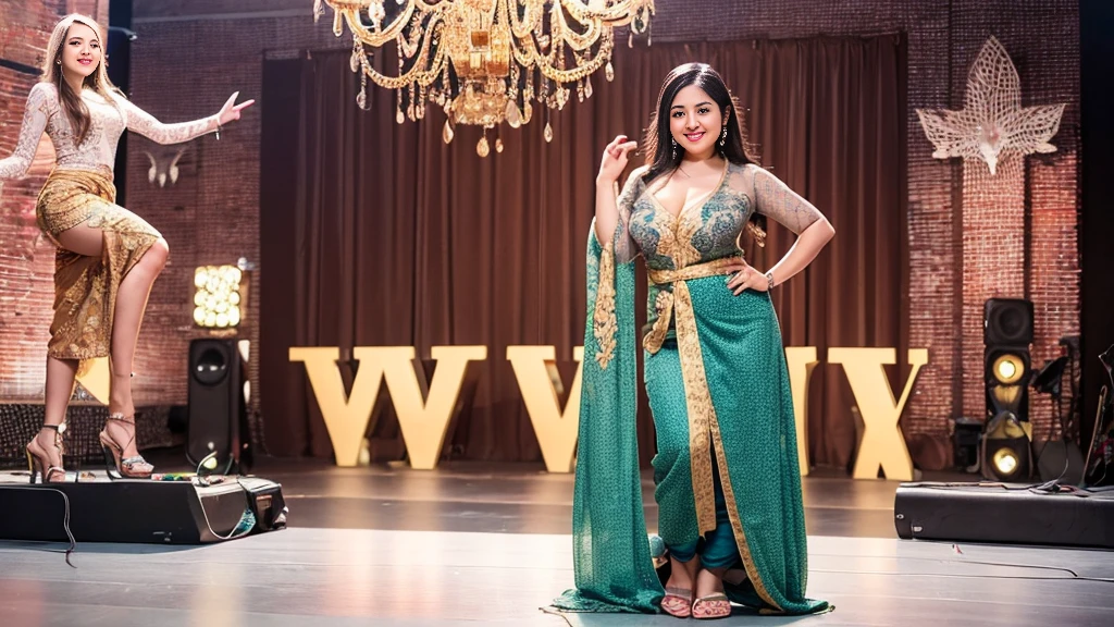 (ultra - detailed, 16K resolution, Cinema lenses, rendering by octane), (high resolution:1.18), intricate detail, (masterpiece:1.1), (highest quality:1.1), (1girl, portrait, white hair, blue eyes, short hair, detailed eyes),Wearing kebaya, 1 malay-Indonesian girl, modern plain hot deep neck top and dupatta, shy, medium portrait, watery eyes, wearing blue dark green kebaya, ((big breasts)), black bokeh background, well-proportioned body,, chubby massive thighs, full body pose, Hena art on the body, hena art on arms, full body view , wearing red sneakers , Smile while DJing on stage, full body shot of, (cute round face:1.3),big breast, bigtit,perfect fingers, five fingers, beautiful hands, perfect hands. master peace, cute smile.