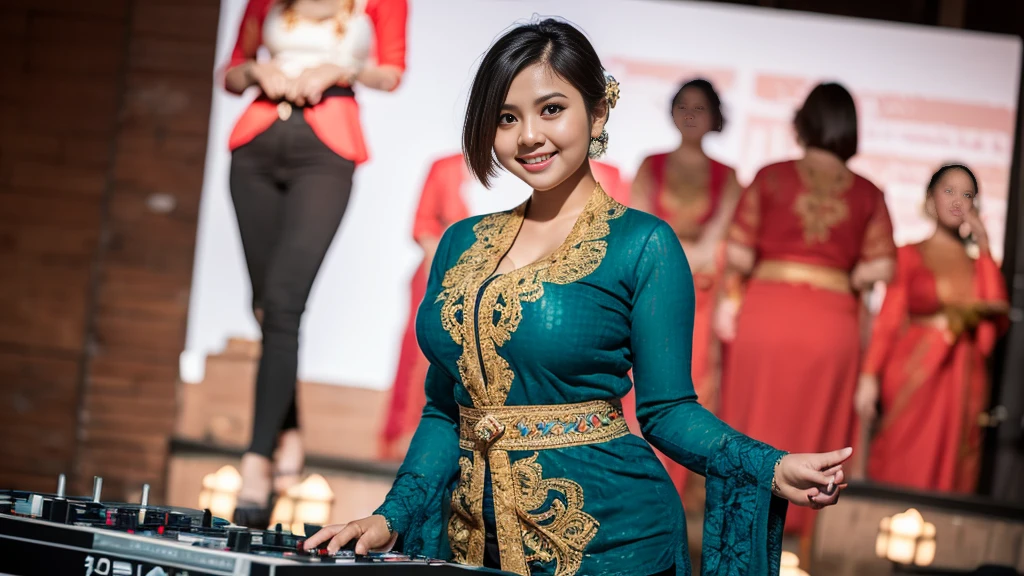 (ultra - detailed, 16K resolution, Cinema lenses, rendering by octane), (high resolution:1.18), intricate detail, (masterpiece:1.1), (highest quality:1.1), (1girl, portrait, white hair, blue eyes, short hair, detailed eyes),Wearing kebaya, 1 malay-Indonesian girl, modern plain hot deep neck top and dupatta, shy, medium portrait, watery eyes, wearing blue dark green kebaya, ((big breasts)), black bokeh background, well-proportioned body,, chubby massive thighs, full body pose, Hena art on the body, hena art on arms, full body view , wearing red sneakers , Smile while DJing on stage, full body shot of, (cute round face:1.3),big breast, bigtit,perfect fingers, five fingers, beautiful hands, perfect hands. master peace, cute smile.