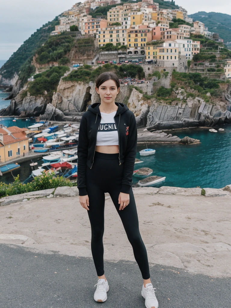 her name is Elle, high quality, 1girl, ((20-year-old fit Caucasian woman)), ((20 years old)), ((fit)), ((pale skin)), short length straight dark hair , wearing Graphic Cropped Hoodie + High-Waisted Vinyl Leggings, pose: standing, background: Detail the romantic ambiance of the Cinque Terre in Italy, with its colorful cliffside villages, terraced vineyards, and scenic coastal hiking trails.