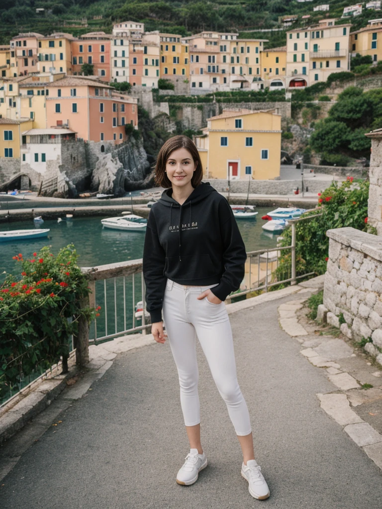 her name is Elle, high quality, 1girl, ((20-year-old fit Caucasian woman)), ((20 years old)), ((fit)), ((pale skin)), short length straight dark hair , wearing Graphic Cropped Hoodie + High-Waisted Vinyl Leggings, pose: standing, background: Detail the romantic ambiance of the Cinque Terre in Italy, with its colorful cliffside villages, terraced vineyards, and scenic coastal hiking trails.