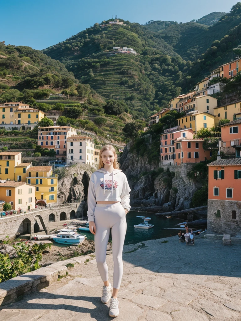 her name is Elle, high quality, 1girl, ((20-year-old fit Caucasian woman)), ((20 years old)), ((fit)), ((pale skin)), short length straight dark hair , wearing Graphic Cropped Hoodie + High-Waisted Vinyl Leggings, pose: standing, background: Detail the romantic ambiance of the Cinque Terre in Italy, with its colorful cliffside villages, terraced vineyards, and scenic coastal hiking trails.