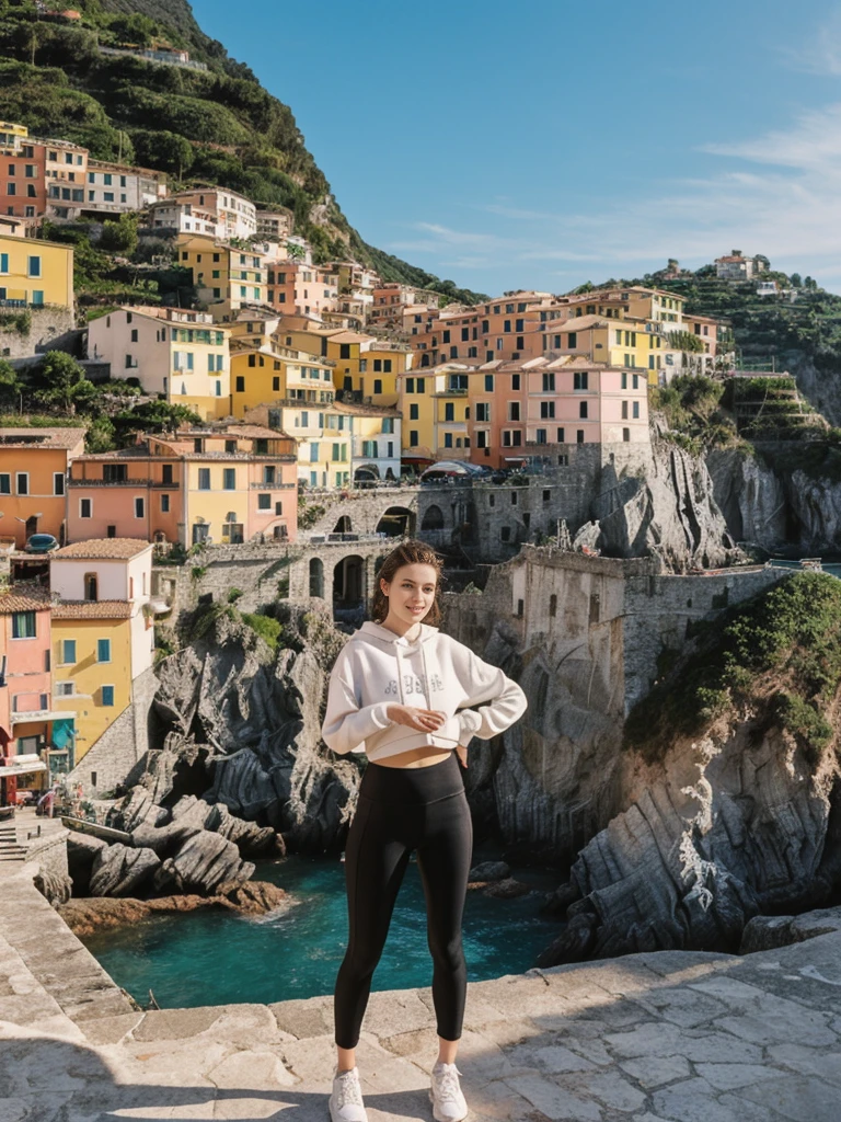 her name is Elle, high quality, 1girl, ((20-year-old fit Caucasian woman)), ((20 years old)), ((fit)), ((pale skin)), short length straight dark hair , wearing Graphic Cropped Hoodie + High-Waisted Vinyl Leggings, pose: standing, background: Detail the romantic ambiance of the Cinque Terre in Italy, with its colorful cliffside villages, terraced vineyards, and scenic coastal hiking trails.