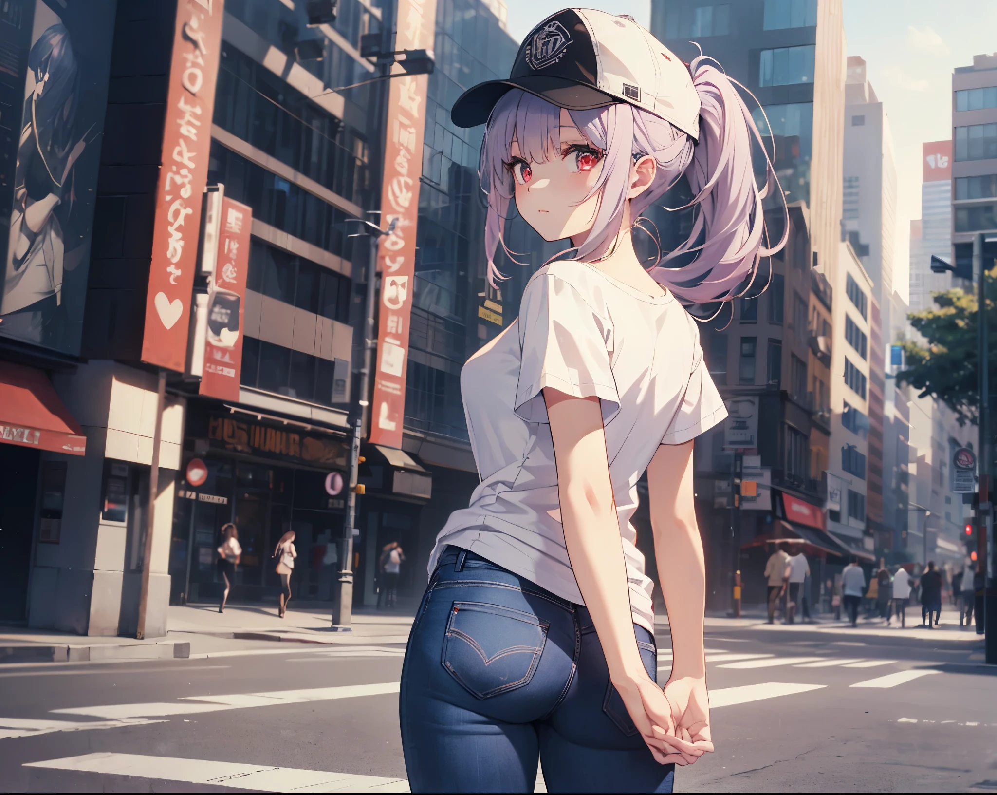 (Close-up:1.3),Realistic,Highest quality, Super detailed, High-quality CG rendering, The most delicate and beautiful, Floating softly, High resolution, (1 girl), (Highest quality,4K,8K,masterpiece:1.2), Light purple hair,(Very long ponytail:1.3),Red eyes,(Pure white oversized short sleeve T-shirt:1.3),(Black skinny jeans:1.3),(Pure white cap:1.3),In the city,old buildings,(Turn your back to your audience:1.3),Butt