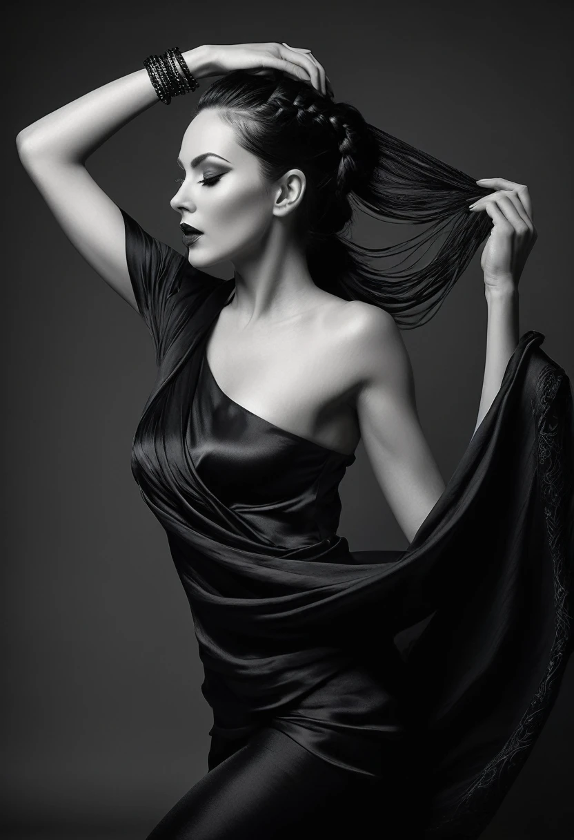 A stunning, high-realistic, studio photograph of a muslular scandinavian woman, (Ingrid Mueller) 35 years old, goth woman. black dyed hair , sidecut and braided hairstyle dancing, pale skin . make-up, dancing . clothed only in intricately draped, flowing black silk scarves, evoking a sense of elegance and grace. Captured in a monochromatic color palette, the black and white tone amplifies the textures and shadows, adding depth to the fluid, energetic movement of the subject. Soft, diffused lighting accentuates the woman's sinuous curves, as her slender limbs seem to blur in motion, exuding a sense of freedom and joy.