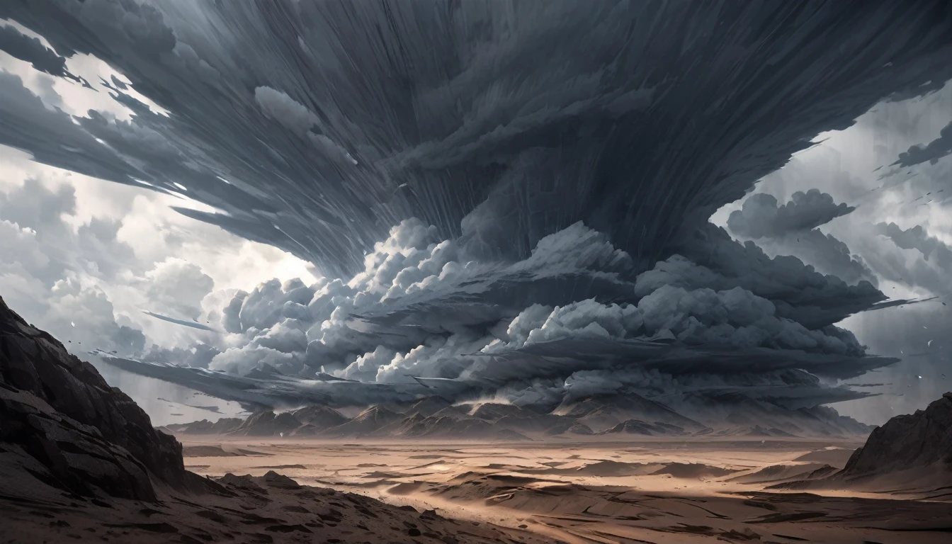 rocky desert, in the huge supercell, rotating thundercloud, overcast weather, dim, ultra detailed