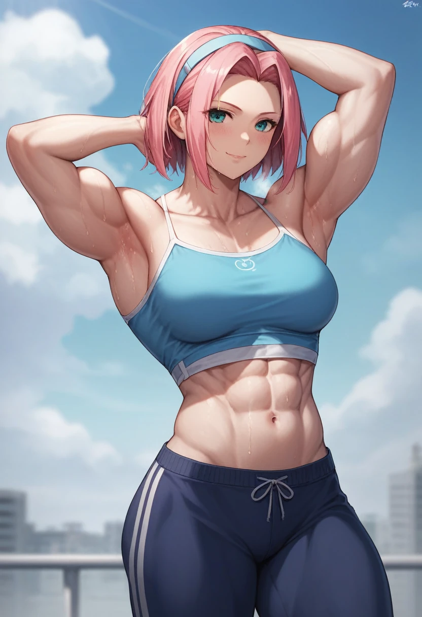 anime style, solo, 1 woman, super ultra details, very high resolution, perfect anatomy, ultra detailed face, high vibrance, (blue light), ((cold colors)), 1girl, haruno sakura, (tall, thin belly, off-shoulders, biceps, closed fists, pale skin, long belly, small breasts, forehead mark), ((red t-back bikini, red hair band)), looking at viewer, (beach, stretching, armpit line), floating hair, big smile, cowboy shot, (reddish pink hair, short hair), spring time((((sexy pose))))((((((35 years old sexy body))))))(((bib boobs))))((( perfect women body))),(((arm's above showing armpits))))(((different expression)))