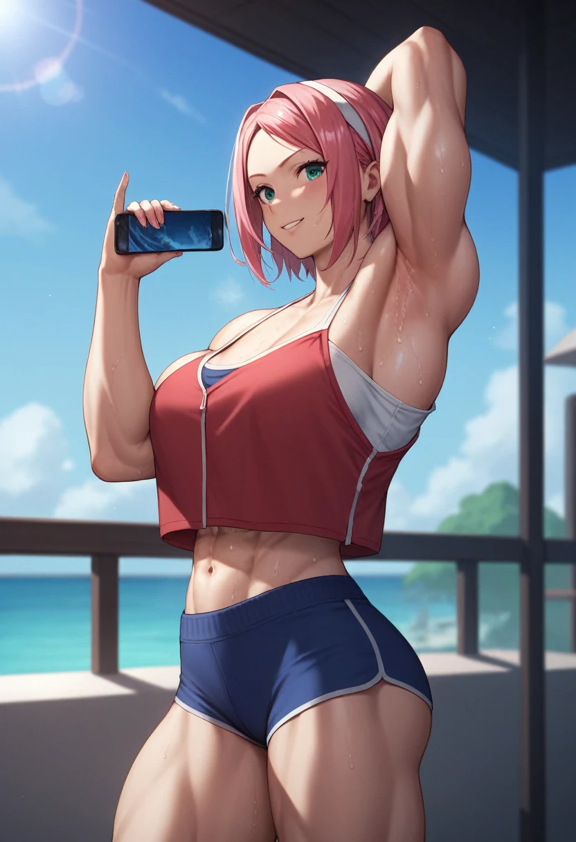 anime style, solo, 1 woman, super ultra details, very high resolution, perfect anatomy, ultra detailed face, high vibrance, (blue light), ((cold colors)), 1girl, haruno sakura, (tall, thin belly, off-shoulders, biceps, closed fists, pale skin, long belly, small breasts, forehead mark), ((red t-back bikini, red hair band)), looking at viewer, (beach, stretching, armpit line), floating hair, big smile, cowboy shot, (reddish pink hair, short hair), spring time((((sexy pose))))((((((35 years old sexy body))))))(((bib boobs))))((( perfect women body))),(((arm's above showing armpits))))(((different expression)))