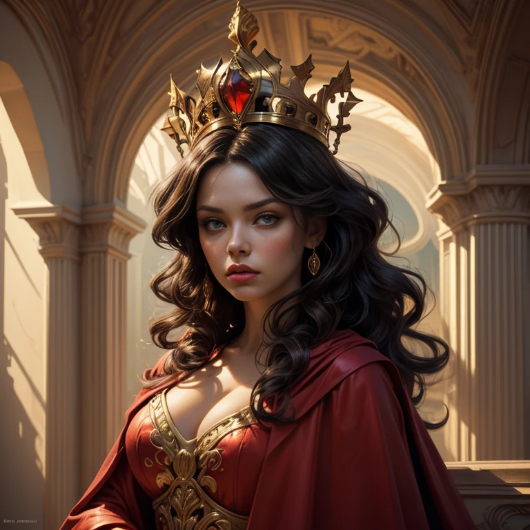 (full body portrait:1.0), a beautiful queen of hearts, elegant long red dress, flowing red cape, golden crown, striking red makeup, piercing gaze, regal posture, ornate throne, dark gothic castle, dramatic lighting, (best quality,4k,8k,highres,masterpiece:1.2),ultra-detailed,(realistic,photorealistic,photo-realistic:1.37),intricate details,cinematic composition,vibrant colors,chiaroscuro lighting,dramatic shadows,fantasy,digital art