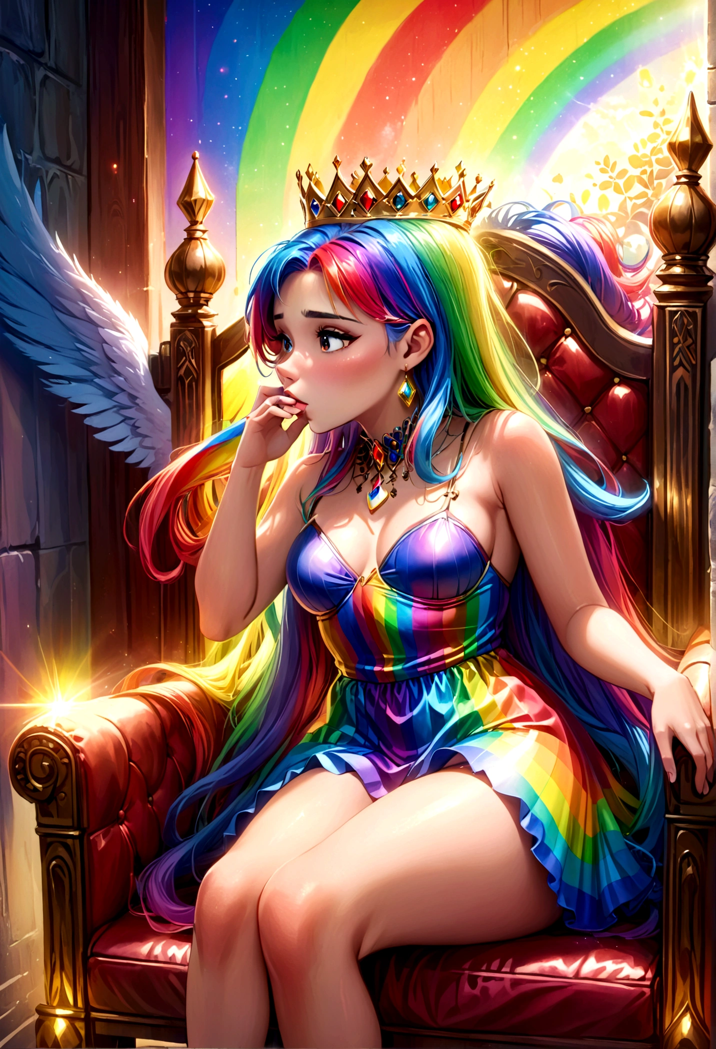 a 25 year old woman with rainbow hair and crown, wearing an intricate regal rainbow dress, sitting on a throne, with rainbows and kissing men painted on the wall behind her, detailed portrait, highly detailed, 4k, photorealistic, masterpiece, ultra-detailed, realistic, vivid colors, cinematic lighting, fantasy, digital art