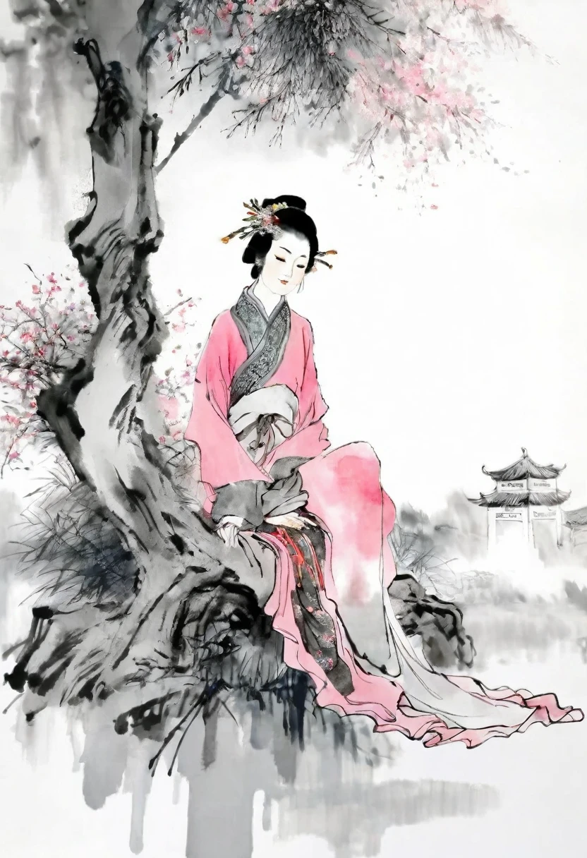 (best quality,Extremely detailed,Practical:1.37),masterpiece:1.2,Woman sitting under a tree,Chinese scenery,Ink splatter,Ink texture,watercolor,Pink clothing,Pink clothing,Light gray background