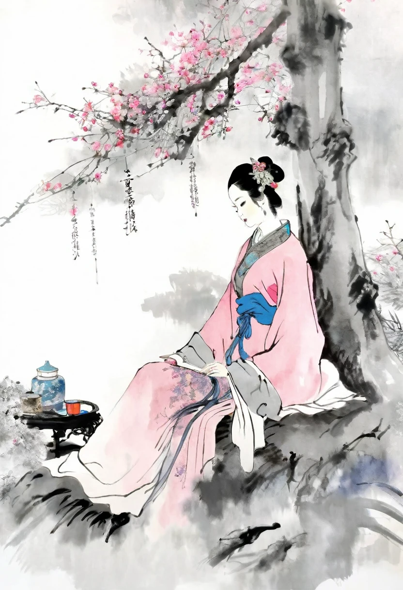 (best quality,Extremely detailed,Practical:1.37),masterpiece:1.2,Woman sitting under a tree,Chinese scenery,Ink splatter,Ink texture,watercolor,Pink clothing,Pink clothing,Light gray background