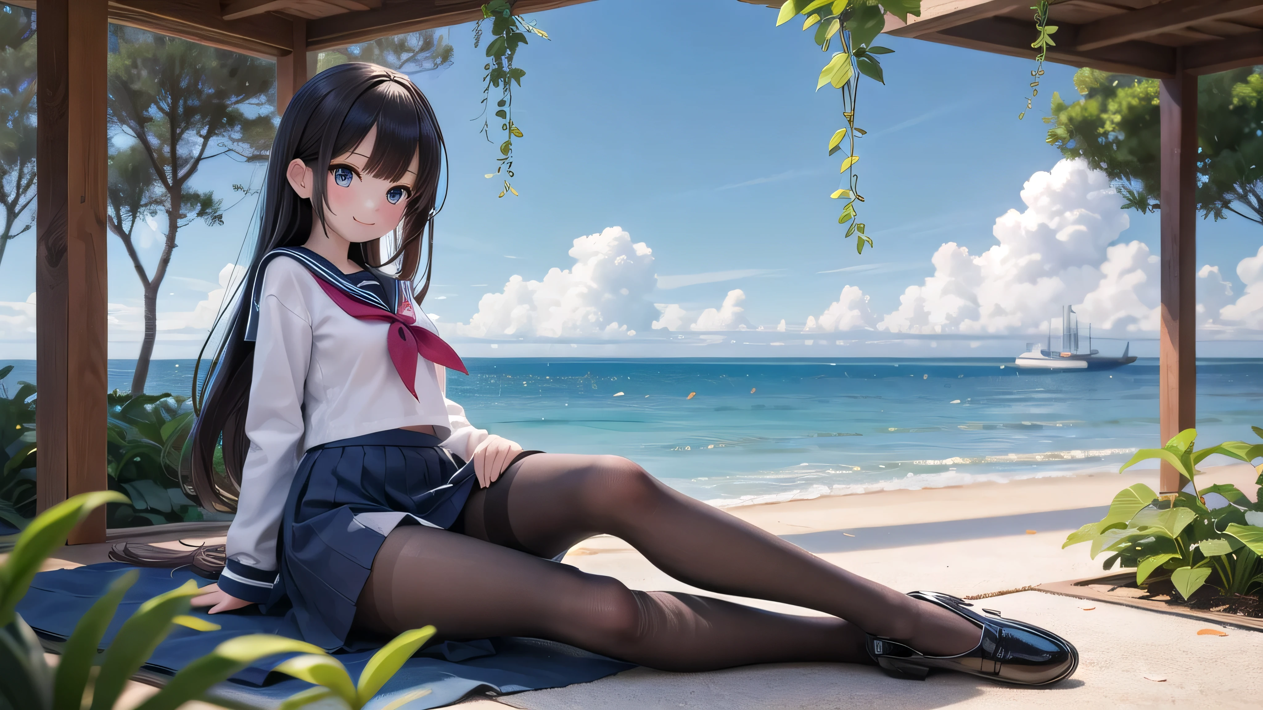 (masterpiece), town, blue sky, One Girl, Place the person on the right, smile, alone, Sailor suit、Long skirt, Overgrown, petal, plant、Skirt lining、Translucent slip、nostalgic、Black Pantyhose、I can see the ocean in the distance, Crotch close-up