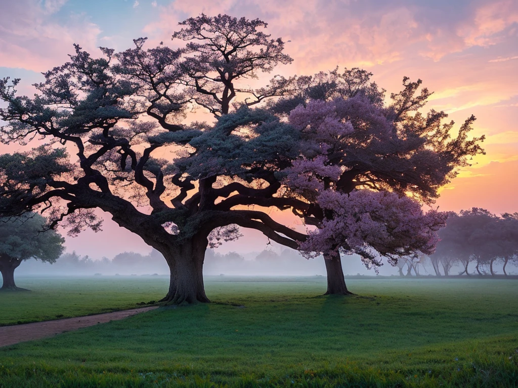 As the day fades into night, the sky is painted in soft pinks, purples, and blues, casting a tranquil and enchanting atmosphere. In the foreground, a majestic and ancient oak tree stands tall, its twisted branches reaching towards the fading light. This breathtaking image, captured in a vivid oil painting, exudes a sense of calm and wonder. The colors blend seamlessly, creating a dreamlike landscape that transports viewers to a peaceful, otherworldly realm.
