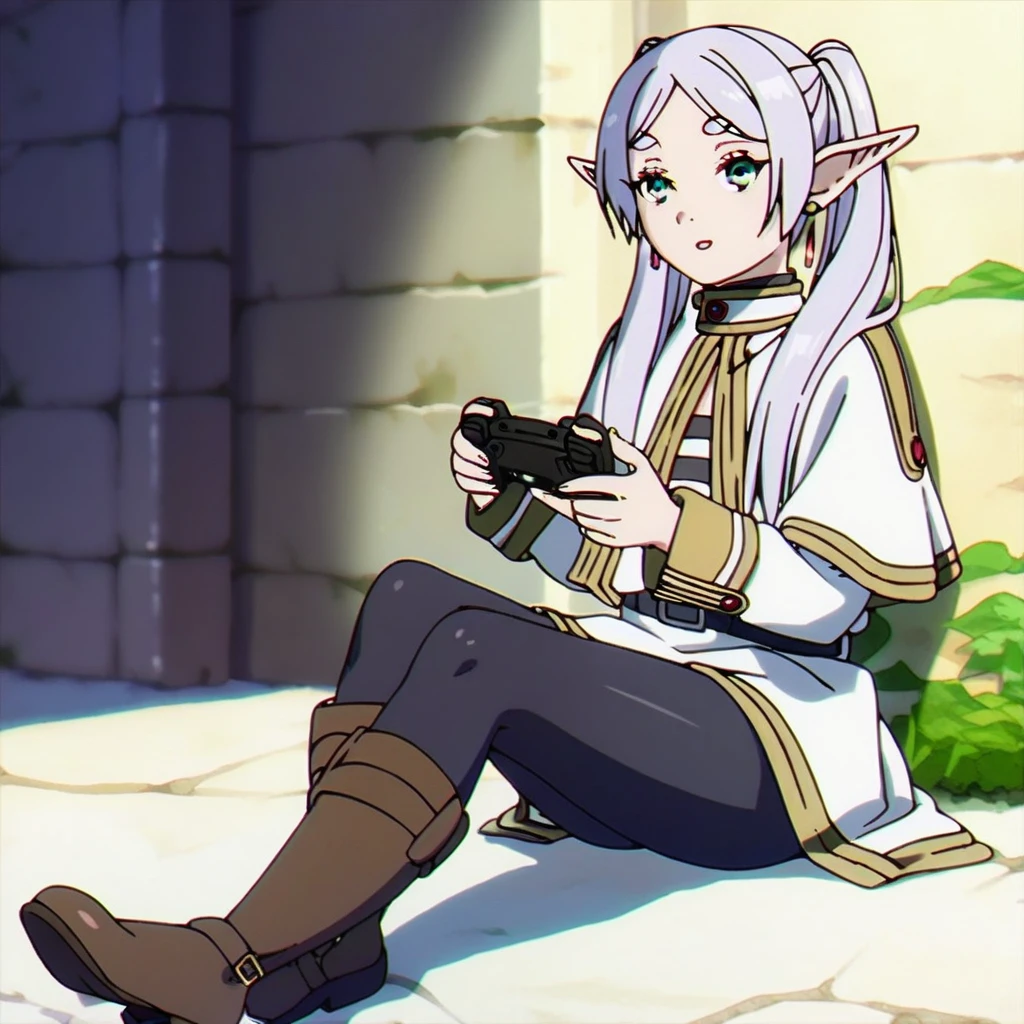 1girl, sfrieren, solo, elf, pointy ears, silver hair, white hair, green eyes, small breasts, flat chest, BREAK
robe, black pantyhose, brown boots, belt, capelet, upper body, sitting, BREAK
holding a videogame controller, holding, sit, sitting on a puff, puff, BREAK
score_9, score_8_up, score_7_up, score_6_up, anime,
(high quality, detailed, beautiful), shiny, detailed beautiful eyes, outstanding, countershading, detailed soft lighting