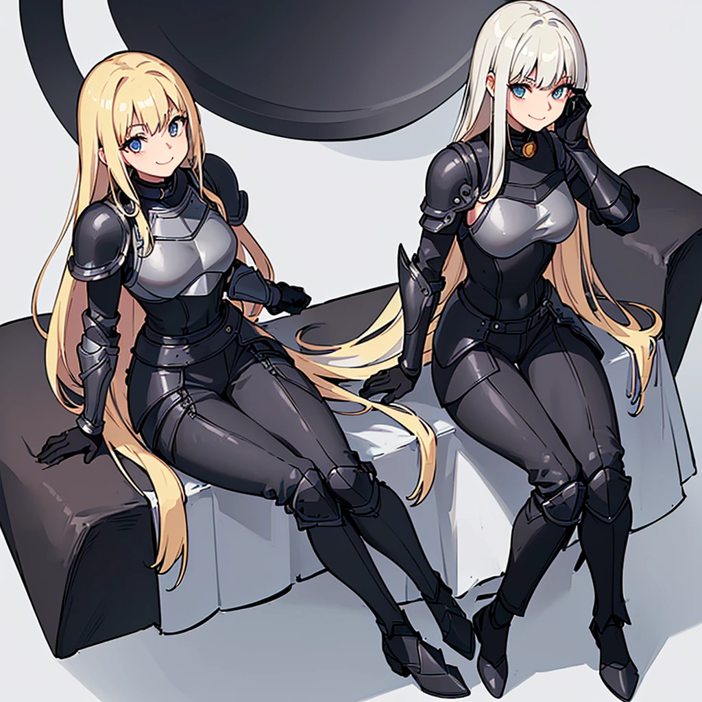 (((Solo)))、Highest quality, Best Quality、8K、Best illustrations、(Full body character concept)、(((Gray simple armor、Black trousers、Black gloves))、(woman、18-year-old)、(Blonde、Long Hair)、(White background)、(Get on both knees、sit)、(smile、smile)、(black cat、Red collar)