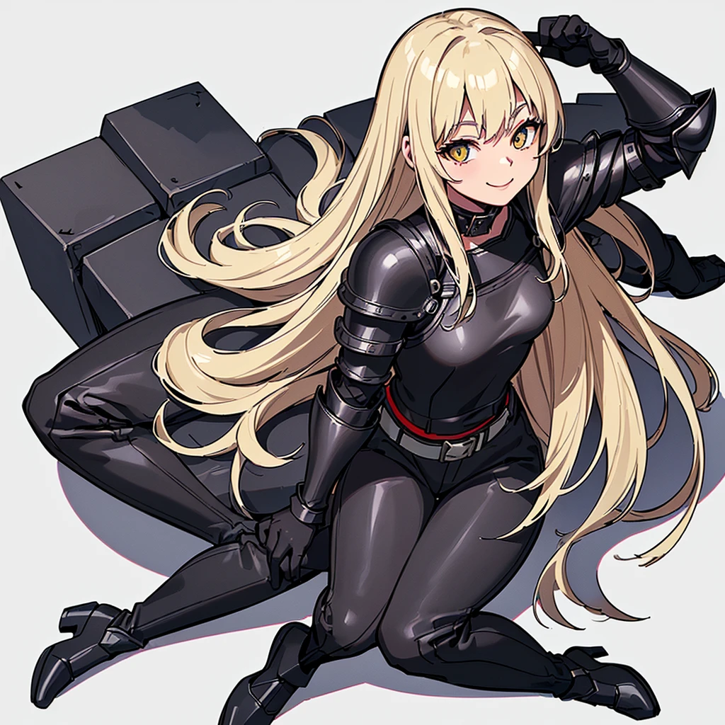 (((Solo)))、Highest quality, Best Quality、8K、Best illustrations、(Full body character concept)、(((Gray simple armor、Black trousers、Black gloves))、(woman、18-year-old)、(Blonde、Long Hair)、(White background)、(Get on both knees、sit)、(smile、smile)、(black cat、Red collar)
