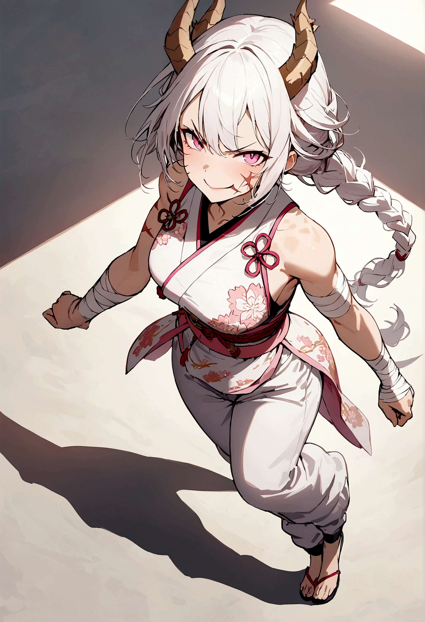 high quality, masterpiece, 1woman, cherry blossom dragon design, with muscles, white hair, white dragon horns, pink eyes, braid on the right side, white joggers pants, cherry blossom clothes, angry smile, scar on right cheek, bandages on the arms, full body, pink japanese belt, thin spotlight from above