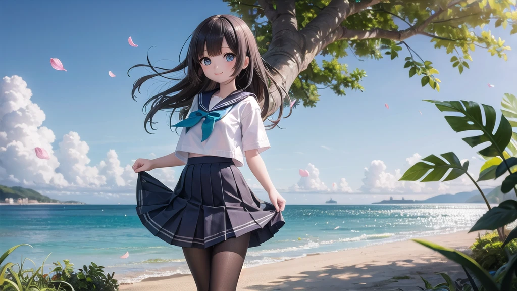 (masterpiece), town, blue sky, One Girl, Place the person on the right, smile, alone, Sailor suit、Long skirt, Overgrown, petal, plant、Skirt lining、Translucent slip、nostalgic、Black Pantyhose、I can see the ocean in the distance, Crotch close-up