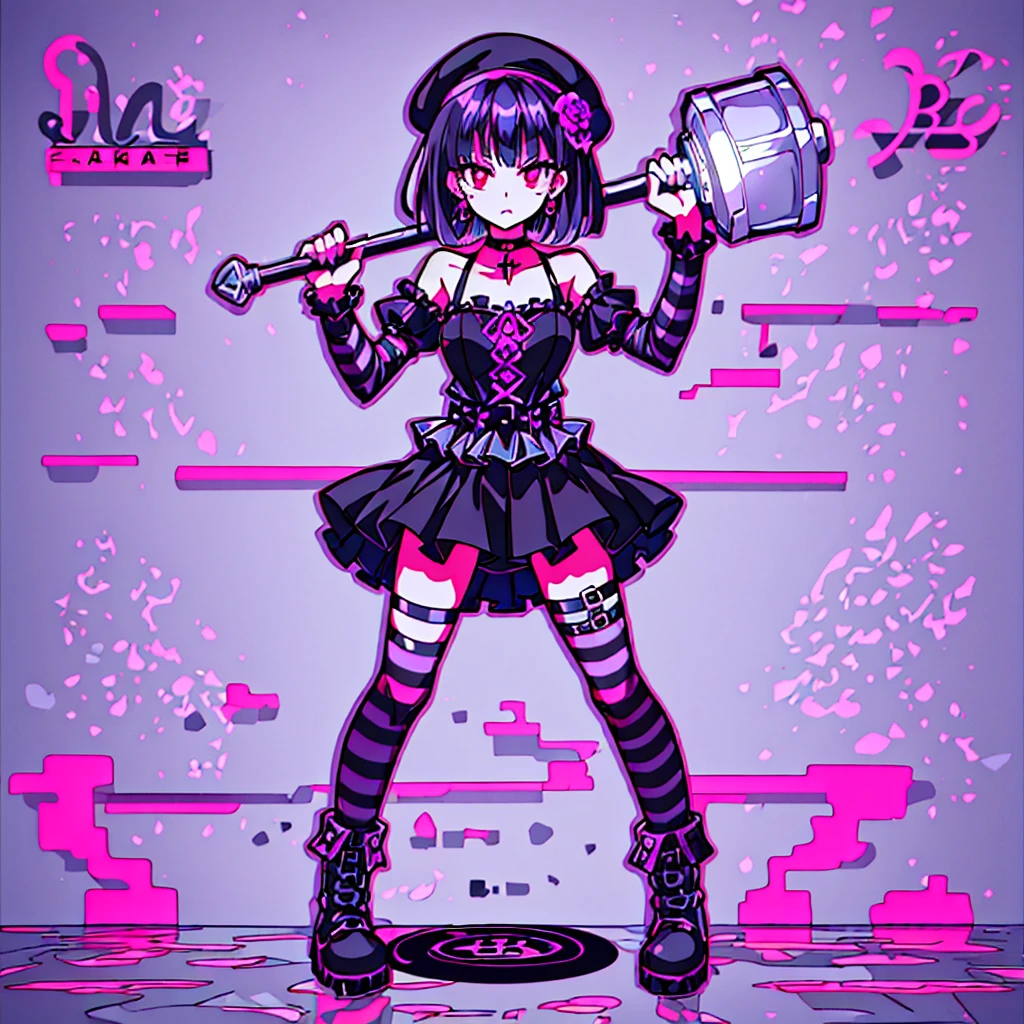 ultra detailed,best quality,game character, cool beauty,lady,20 year old,1girl, solo,full body,standing,Low Angle,dynamic pose,character focus,white Background,simple background, {{yandere,make-up,short bob hair,Black hair,deep purple hair, red eyes,serious,dark persona,cross silver accessory}},{{Black beret,corsage, pierced earrings,choker,Black Gothic punk Style,bell mini skirt,purple flower pattern Dress, black and white striped over the knee socks, long black boots}},{{ holding a huge hammer in both hands ,standing}},