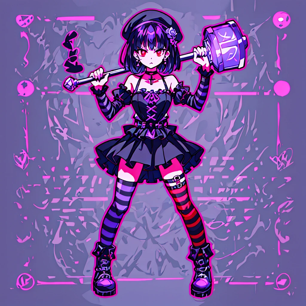 ultra detailed,best quality,game character, cool beauty,lady,20 year old,1girl, solo,full body,standing,Low Angle,dynamic pose,character focus,white Background,simple background, {{yandere,make-up,short bob hair,Black hair,deep purple hair, red eyes,serious,dark persona,cross silver accessory}},{{Black beret,corsage, pierced earrings,choker,Black Gothic punk Style,bell mini skirt,purple flower pattern Dress, black and white striped over the knee socks, long black boots}},{{ holding a huge hammer in both hands ,standing}},