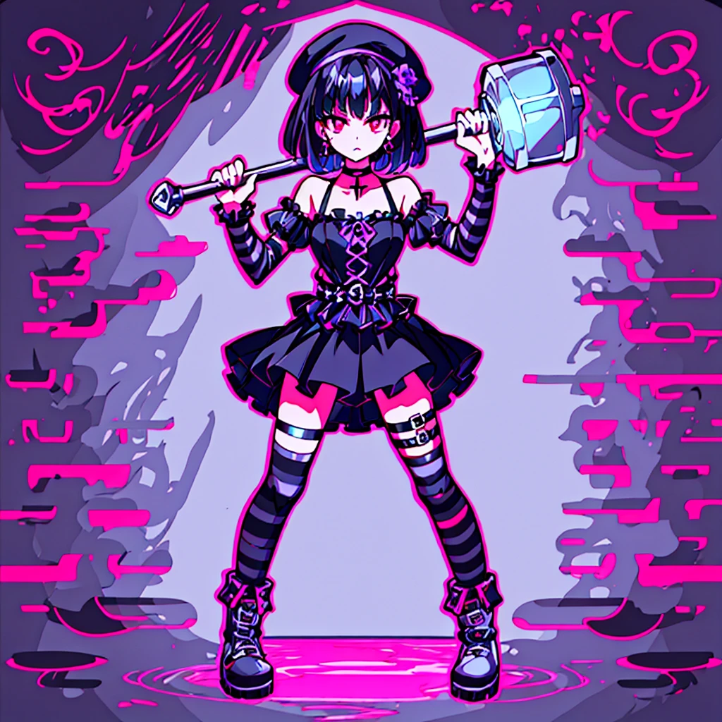 ultra detailed,best quality,game character, cool beauty,lady,20 year old,1girl, solo,full body,standing,Low Angle,dynamic pose,character focus,white Background,simple background, {{yandere,make-up,short bob hair,Black hair,deep purple hair, red eyes,serious,dark persona,cross silver accessory}},{{Black beret,corsage, pierced earrings,choker,Black Gothic punk Style,bell mini skirt,purple flower pattern Dress, black and white striped over the knee socks, long black boots}},{{ holding a huge hammer in both hands ,standing}},