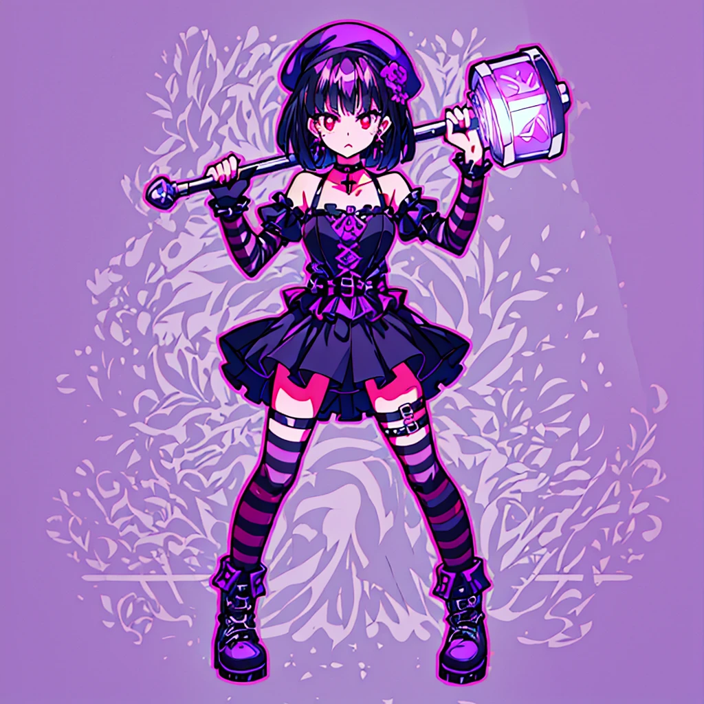 ultra detailed,best quality,game character, cool beauty,lady,20 year old,1girl, solo,full body,standing,Low Angle,dynamic pose,character focus,white Background,simple background, {{yandere,make-up,short bob hair,Black hair,deep purple hair, red eyes,serious,dark persona,cross silver accessory}},{{Black beret,corsage, pierced earrings,choker,Black Gothic punk Style,bell mini skirt,purple flower pattern Dress, black and white striped over the knee socks, long black boots}},{{ holding a huge hammer in both hands ,standing}},