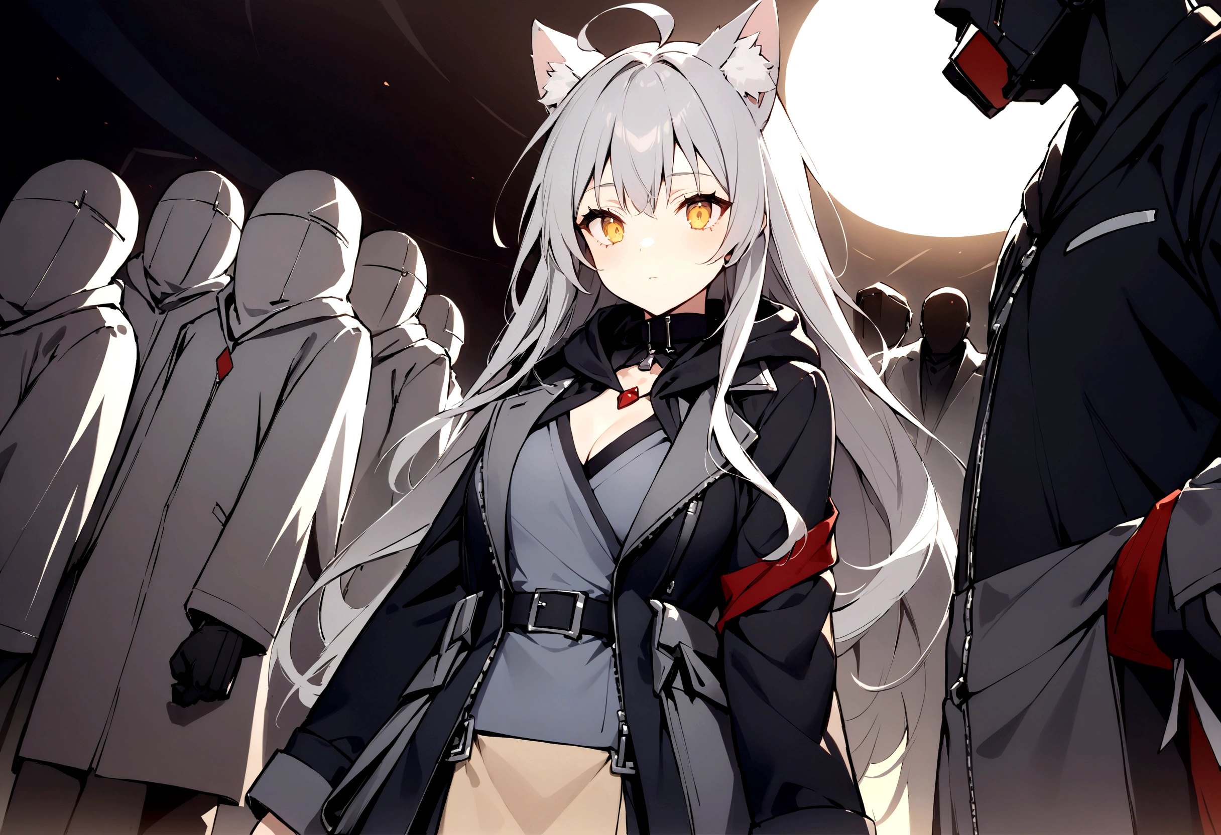 Surrounded by operatives、Give a command、Secret Police Meeting Room、Gray cat ears、Gray cat earasterpiece, best quality:1.2), 1girl, 独奏、Grey long hair、Ahoge、Yellow Eyes、Background of a military base with guns、Fisheye Lens、battlefield、Shadows of light and darkness、Expressionless、battle、Gray trench coat、Put a black hoodie over your arm、Surrounded by enemies、Zip hoodie worn over the arm