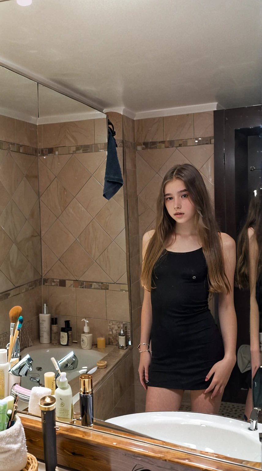 there is a woman standing in front of a mirror in a bathroom, 18 years old, 1 6 years old, in bathroom, she is about 1 6 years old, standing in front of a mirror, around 1 9 years old, with long hair, 19-year-old girl, she is about 2 0 years old, she is about 20 years old