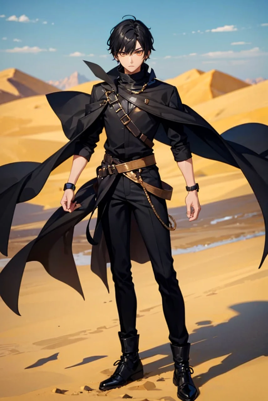 Boy with black hair and golden eyes dressed in black with a desert in the background of the image

