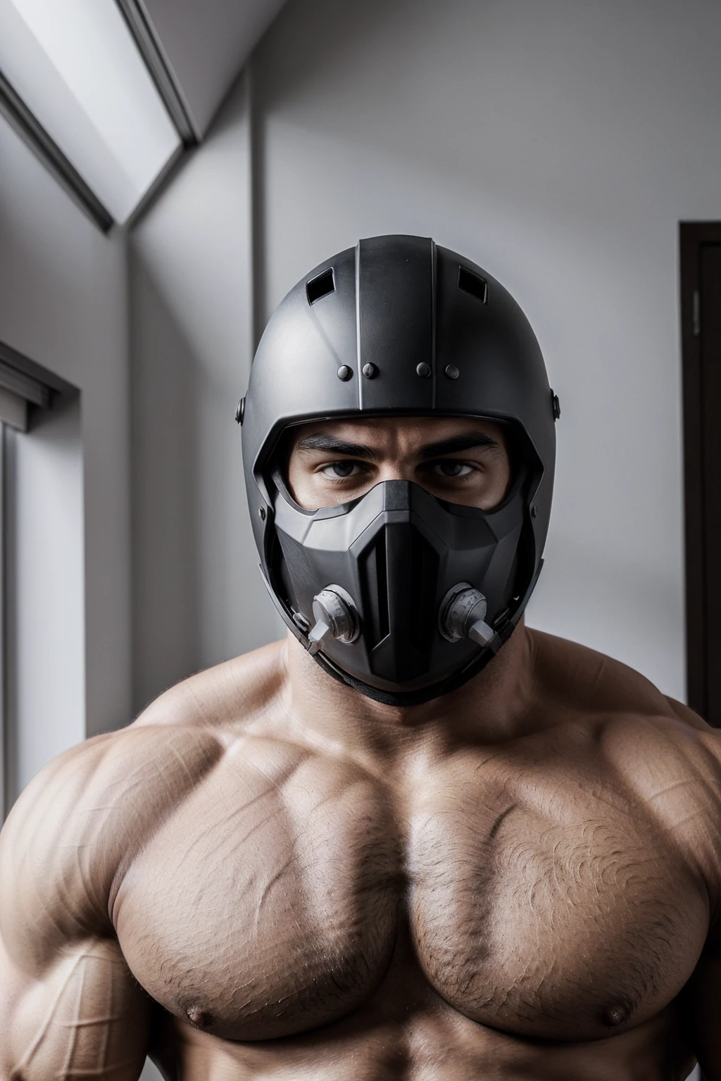 1Muscular man wearing a full face helmet,2-hole helmet,black helmet,Masked,Adult male,beefcake,Bodybuilding,Huge pectoral muscles,Thick arms,Broad shoulders,Round buttocks,naked upper body,Wear sex tongs,Brown Thong,Mature,robust,Burly,tall and straight,luscious,Sexy,Masculinity,Big,big man,Heavy,Strong,apartment,Lying in bed,Pick and choose,The sun shines in from the window behind