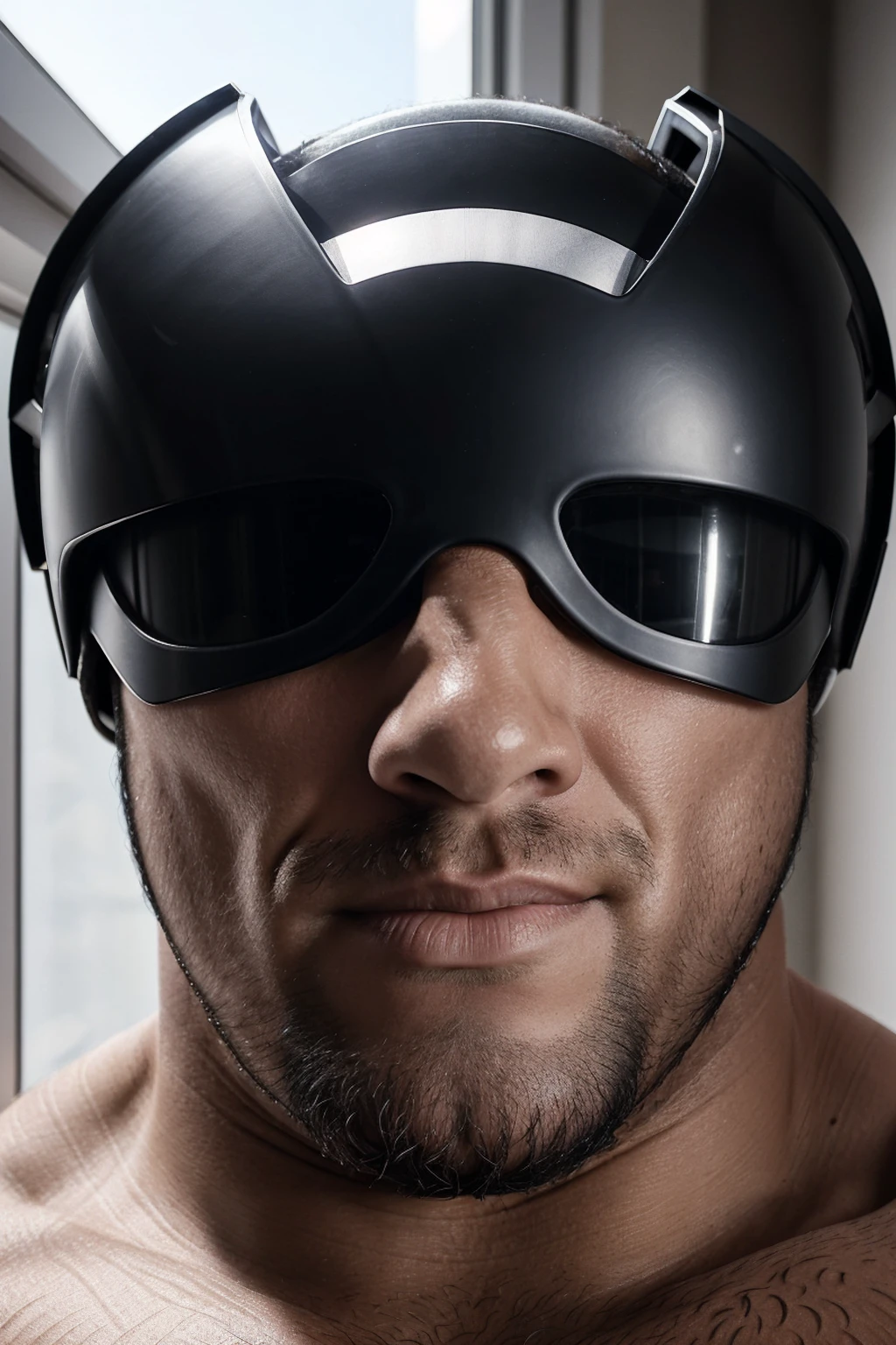 1Muscular man wearing a full face helmet,2-hole helmet,black helmet,Masked,Adult male,beefcake,Bodybuilding,Huge pectoral muscles,Thick arms,Broad shoulders,Round buttocks,naked upper body,Wear sex tongs,Brown Thong,Mature,robust,Burly,tall and straight,luscious,Sexy,Masculinity,Big,big man,Heavy,Strong,apartment,Lying in bed,Pick and choose,The sun shines in from the window behind