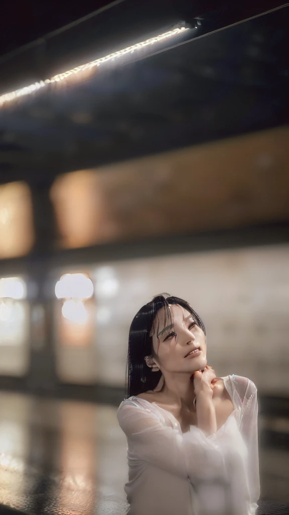 (((Very realistic frontal American shots of beautiful Japanese actresses taken by professional photographers, very Seductive pose, 32k, 7 heads、looking at viewer, Staring Intently :1.9))),(A pure white, extremely thin fabric business short-sleeved open-neck shirt with a wide V-neck, Soaking wet:1.4)。((Highest quality)), ((masterpiece)), (((detailed))), (midnight ,A modern train station platform in Tokyo on a dark, pouring, stormy night, Low Key Lighting:1.6)、(((A very beautiful, extremely elegant and intelligent 39-year-old Japanese woman。Very intelligent and goddess-like face。An extremely elegant, calm and modest smile, Being drunk、My eyes are quite watery、I&#39;m very horny、embarrassed ,blush, Curvy Body:1.9)))、(((A short, well-groomed, shiny black haircut。The skin is white and very smooth。A very hot rainy summer night、I&#39;m pretty sweaty、My clothes were soaking wet and transparent、When wet, it sticks perfectly to your skin, revealing your beautiful body lines.、Through the extremely thin fabric, her skin and her navy blue, lacy, high-end underwear are clearly visible.:1.9)))。(((A simple and elegant business pencil skirt in a plain navy blue knee-length,The clothes fit the body very well:1.8))), (Healthy Body、The line of the chest, collarbone and décolletage are extremely beautiful.:1.9)。She is looking straight at the camera with a very shy look on her face.。Light makeup and no piercings,A simple and modest pearl necklace、(((She is holding her crotch tightly with both hands over her skirt.、large chest、large hips )))