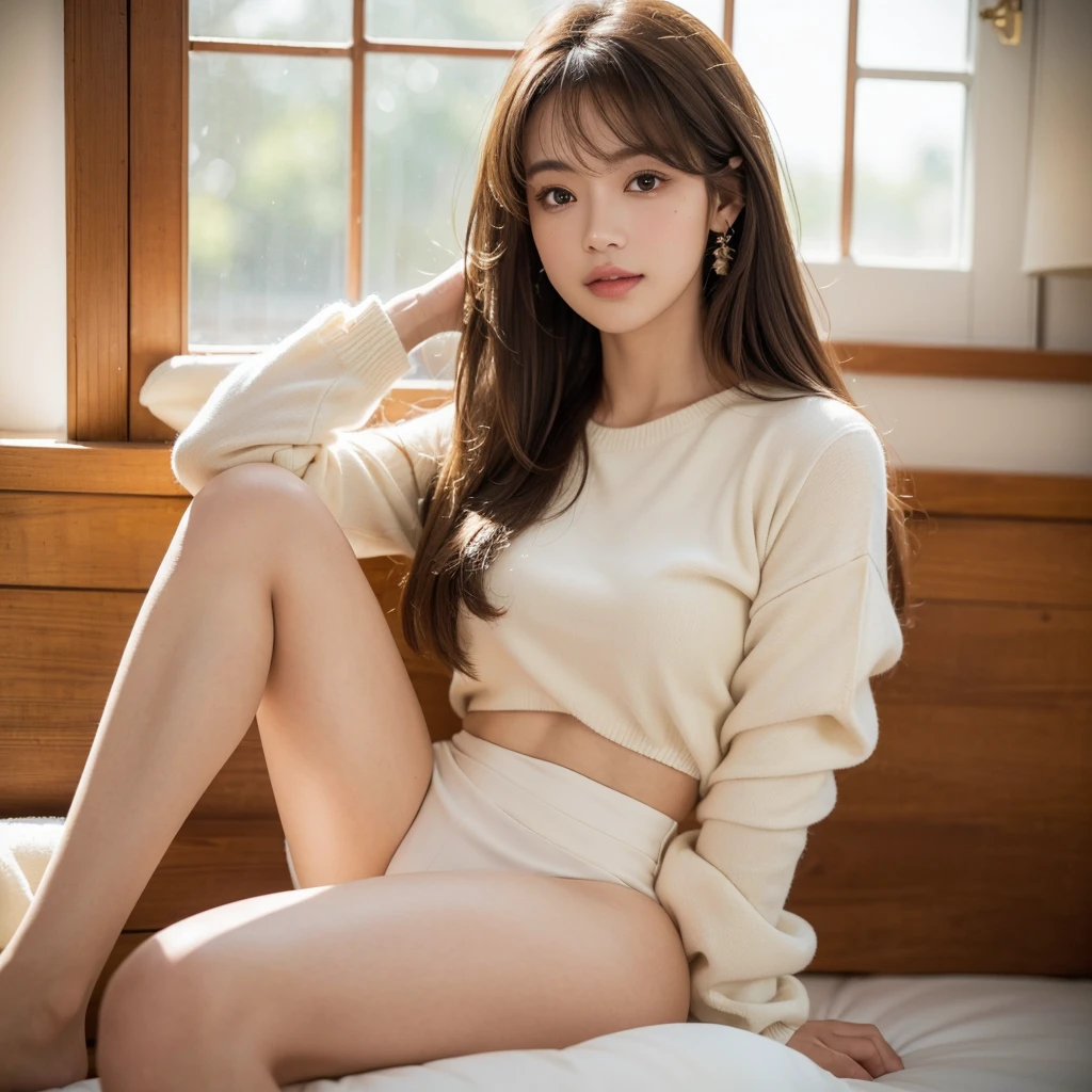 1girl, alone, solitary, high quality, (best quality,4k,8k,highres,masterpiece:1.2),ultra-detailed,(realistic,photorealistic,photo-realistic:1.37),gorgeous hair,light brown hair,long straight hair with bangs,puffy eyes,mole on the cheek,plump lips,jewelry,(high detailed skin:1.4),(light room:1.3),(rim lighting:1.3),(lit:1.3),(sunny day:1.3),indoors,portrait,smirk