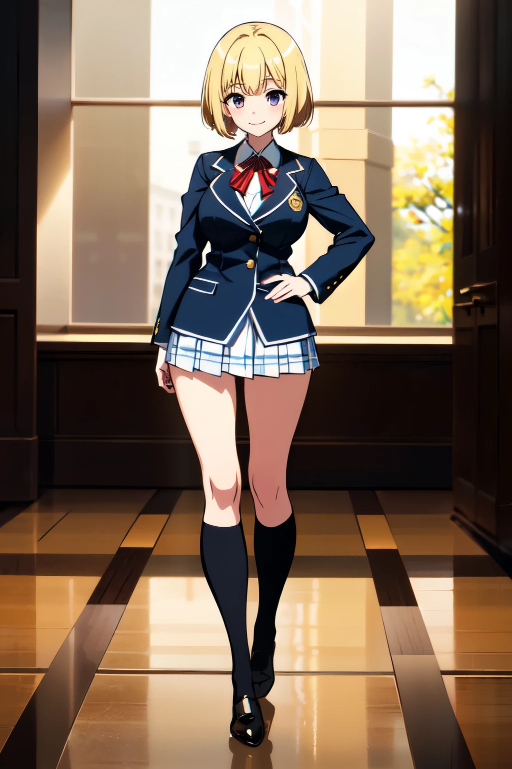 masterpiece, 32k, extremely detailed, finely detail, intricate details,
BREAK
(absurdres:1.1, highres:1.1, ultra detailed:1.1),
insanely detailed, absurdres,
(high resolution:1.1, ray tracing:1.1, refraction:1.1)
(1girl, 独奏:1.3),
BREAK
perfect symmetrical face, smile, high school student, uniform, single blazer, Red ribbon, Knee-high socks, blonde hair, bob cut,
BREAK,
(((full body))), pose
BREAK