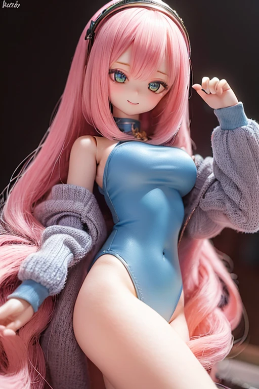 ((highest quality)), ((masterpiece)), (extremely detailed), kukolnydom, doll, mature woman, solo, cowboy shot, dynamic pose, seductive smile, pink hair, long hair, hairband, blunt bang, blue leotard, gym, 8k