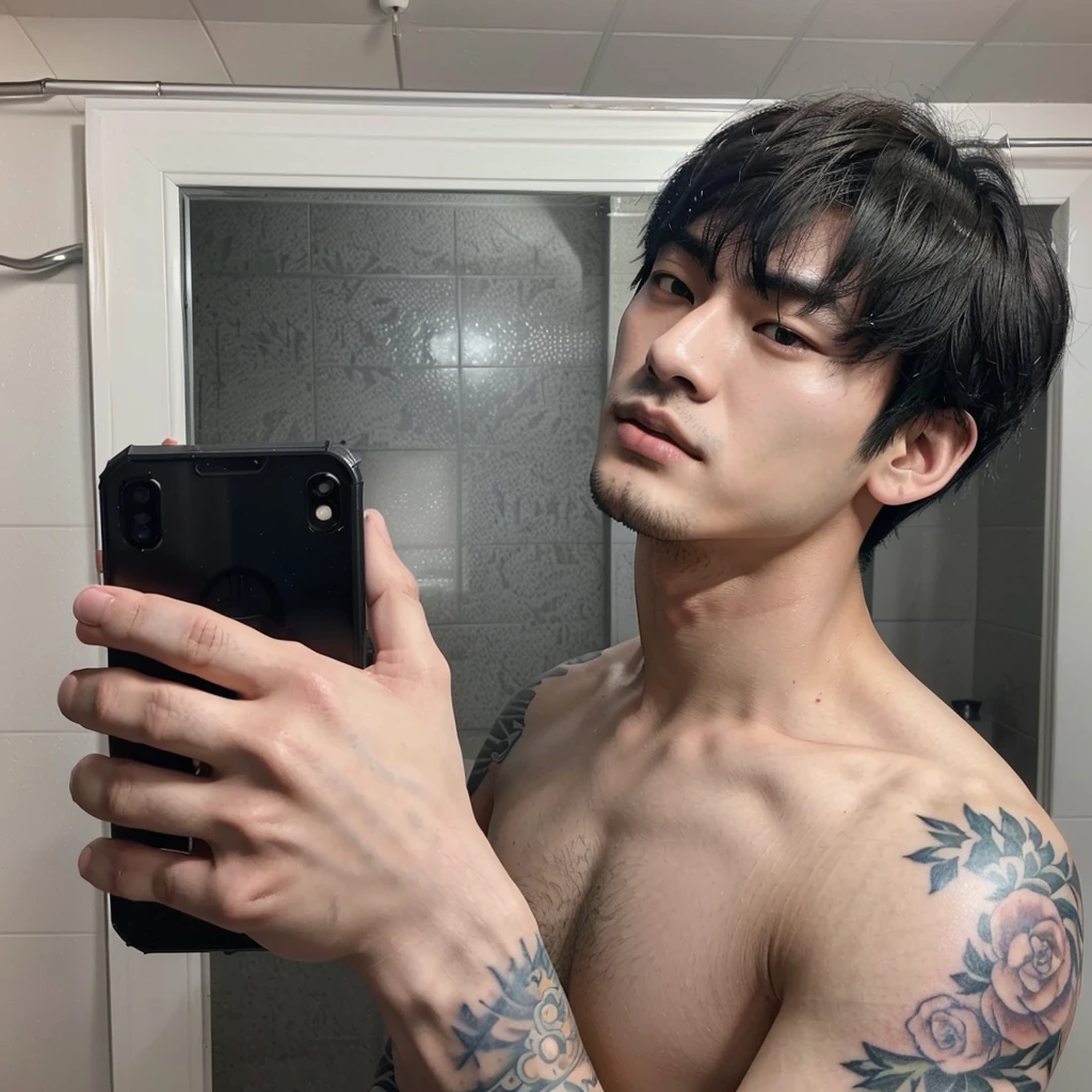 arafed man with tattoos taking a selfie in a bathroom mirror, kim doyoung, male ulzzang, handsome japanese demon boy, jinyoung shin, hyung tae, boy has short black hair, south korean male, hong june hyung, taejune kim, korean muscle boy 2 1 years old, cai xukun, hyung tae kim, jungkook, no beard, muscular man