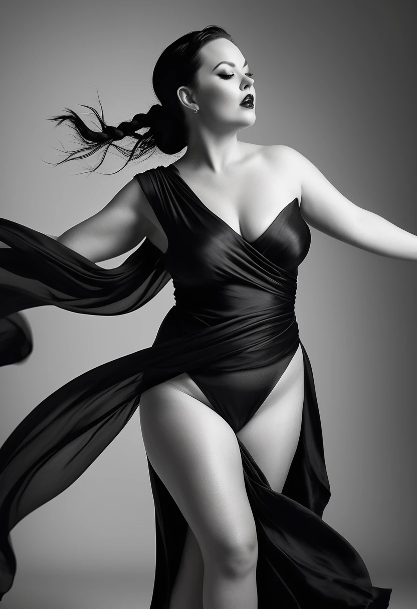 A stunning, high-realistic, studio photograph of a chubby scandinavian woman, (Ingrid Mueller) 35 years old, goth woman. black dyed hair , sidecut and braided hairstyle dancing, pale skin . make-up, dancing . clothed only in intricately draped, flowing black silk scarves, evoking a sense of elegance and grace. Captured in a monochromatic color palette, the black and white tone amplifies the textures and shadows, adding depth to the fluid, energetic movement of the subject. Soft, diffused lighting accentuates the woman's sinuous curves, as her slender limbs seem to blur in motion, exuding a sense of freedom and joy.