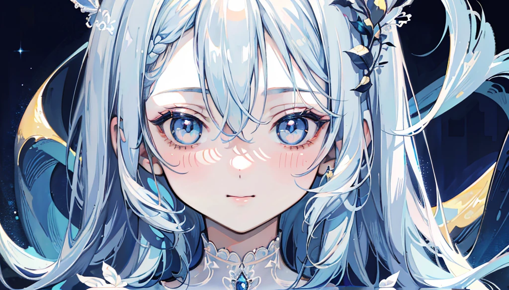 masterpiece, best quality, extremely detailed, (illustration, official art:1.1), 1 girl ,(((( light blue long hair)))),pale blue hair,loli, long hair ((blush)) , cute face, big eyes, masterpiece, best quality,(((((a very delicate and beautiful girl))))),Amazing,beautiful detailed eyes,blunt bangs((((little delicate girl)))),tareme(true beautiful:1.2), sense of depth,dynamic angle,,,, affectionate smile, (true beautiful:1.2),,(tiny 1girl model:1.2),)(flat chest)、1girl, (masterpiece, best quality:1.2), 8k, official art, absurdres, (very dark blue background:1.4), HDR, facelight, ultra realistic, highres, photography, film grain, chromatic aberration, sharp focus,  dynamic lighting, cinematic lighting, professional shadow, dark shadow, highest detailed, extreme detailed, ultra detailed, finely detail, real skin, delicate facial features, detailed face and eyes, sharp pupils,
