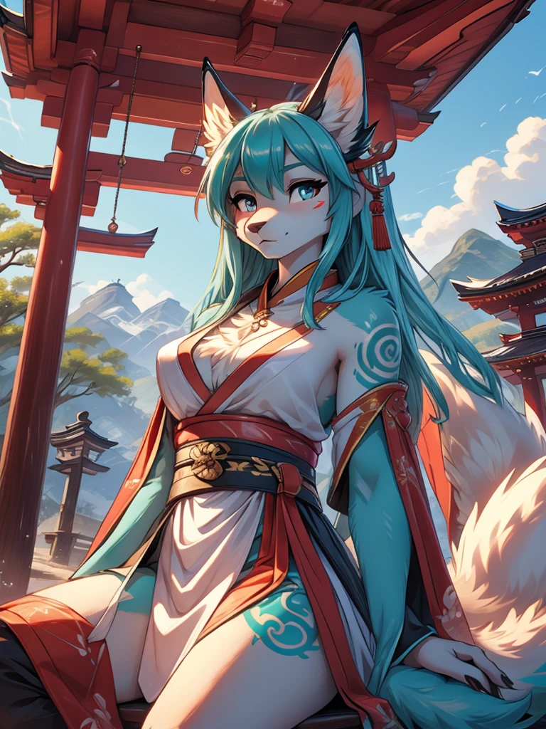 Miku Hatsune, high definition add_detail:1, blue fur,kitsune ears, tribal tattoo add_detail:1, pretty girl add_detail:1, feudal priestess clothing add_detail:1, japanese shrine landscape add_detail:1, japanese shrine costume add_detail:1, add_detail:1, full body add_detail, highly detailed face