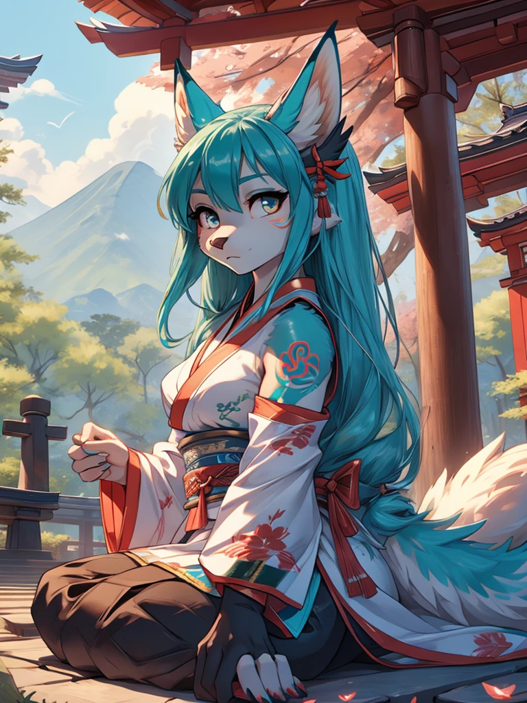 Miku Hatsune, high definition add_detail:1, blue fur,kitsune ears, tribal tattoo add_detail:1, pretty girl add_detail:1, feudal priestess clothing add_detail:1, japanese shrine landscape add_detail:1, japanese shrine costume add_detail:1, add_detail:1, full body add_detail, highly detailed face