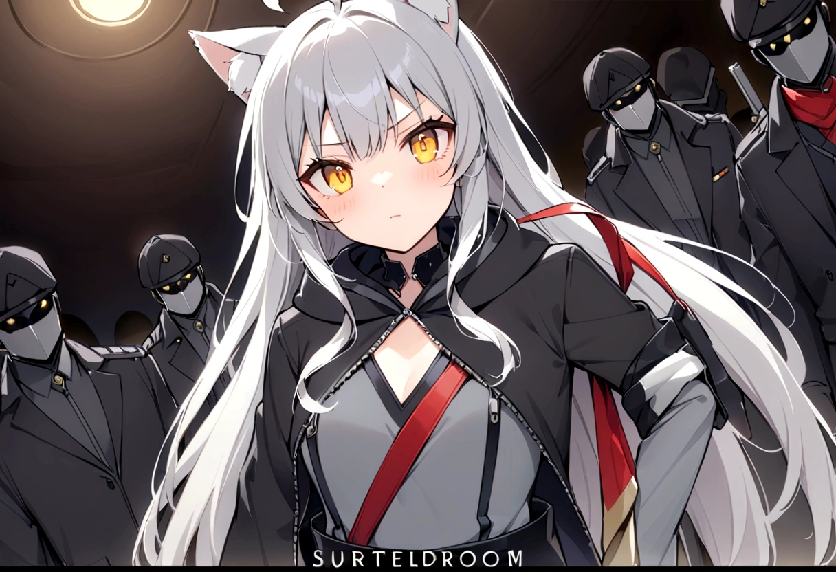 Serious face、A large number of subordinates can be seen in the distance、Surrounded by operatives、Give a command、Secret Police Meeting Room、Gray cat ears、Gray cat earasterpiece, best quality:1.2), 1girl, 独奏、Grey long hair、Ahoge、Yellow Eyes、Background of a military base with guns、Fisheye Lens、battlefield、Shadows of light and darkness、Expressionless、battle、Gray trench coat、Put a black hoodie over your arm、Surrounded by enemies、Zip hoodie worn over the arm