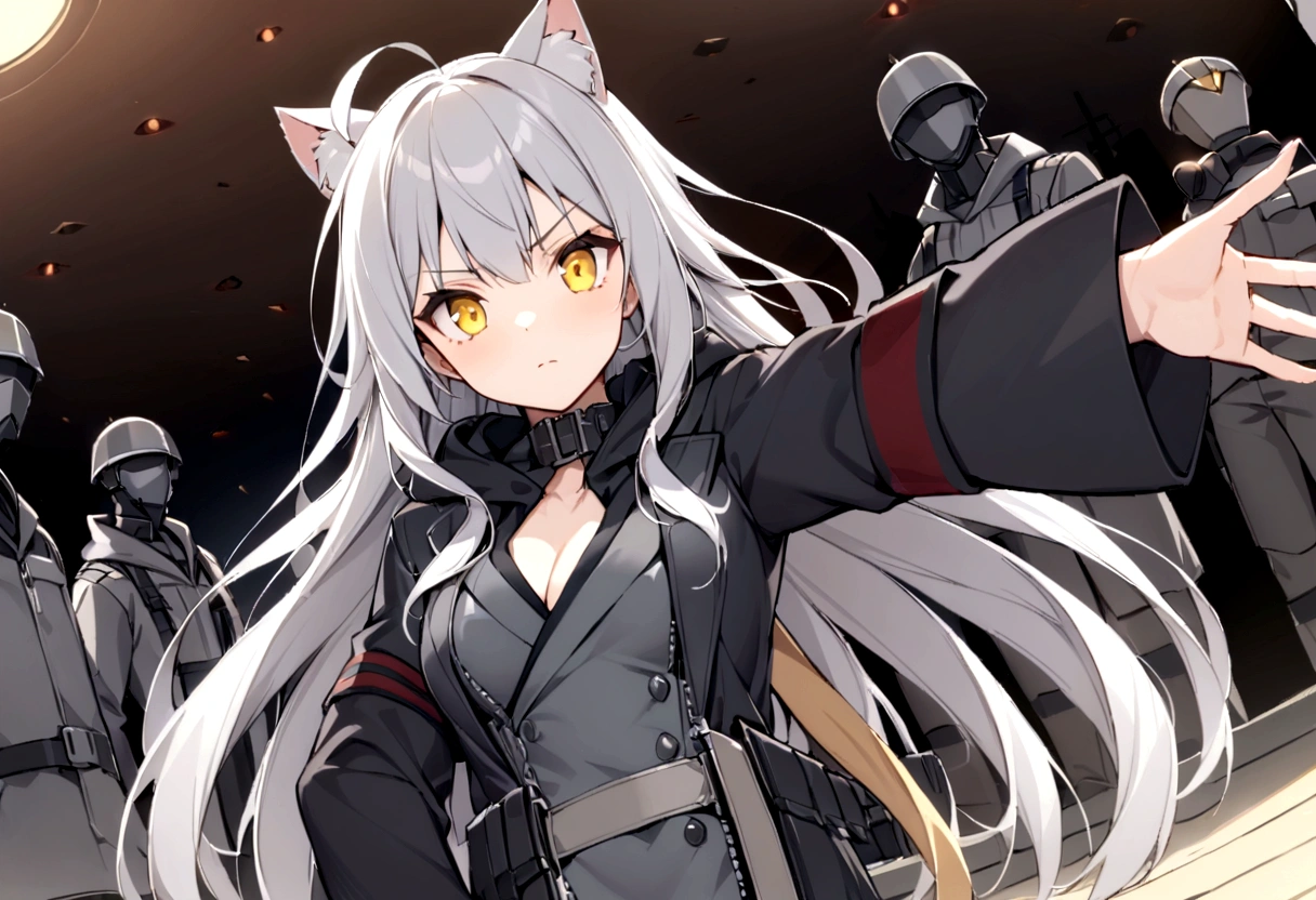 Serious face、A large number of subordinates can be seen in the distance、Surrounded by operatives、Give a command、Secret Police Meeting Room、Gray cat ears、Gray cat earasterpiece, best quality:1.2), 1girl, 独奏、Grey long hair、Ahoge、Yellow Eyes、Background of a military base with guns、Fisheye Lens、battlefield、Shadows of light and darkness、Expressionless、battle、Gray trench coat、Put a black hoodie over your arm、Surrounded by enemies、Zip hoodie worn over the arm
