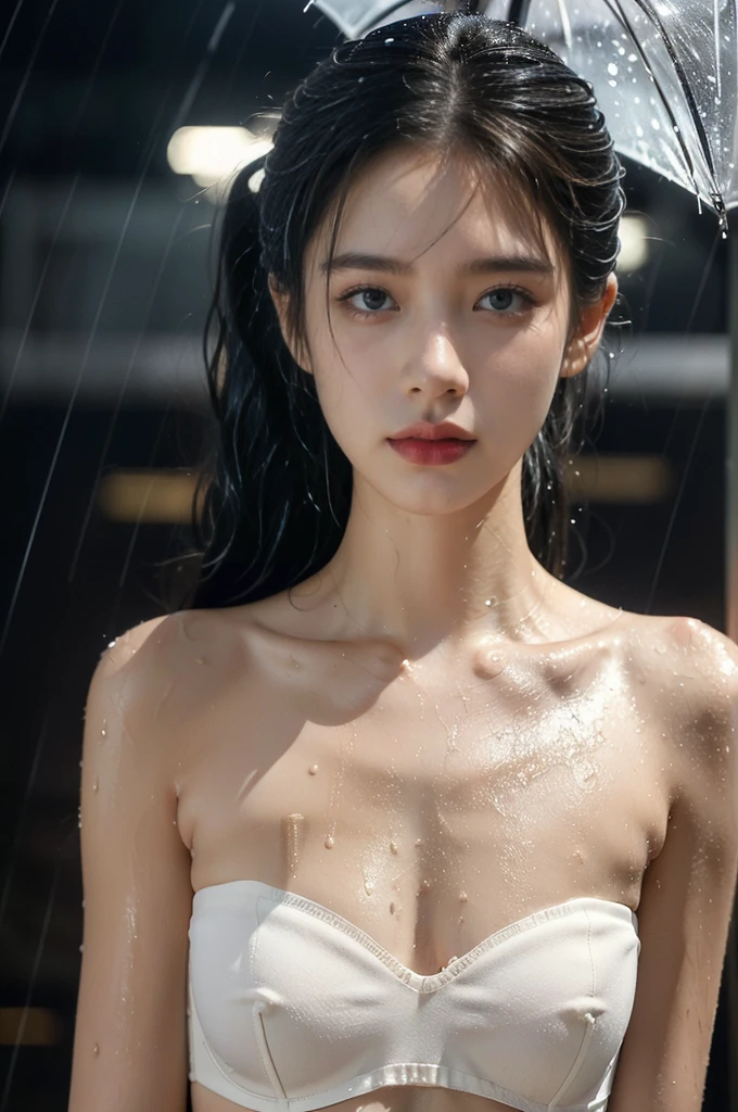 (((best quality))),(((ultra detailed))),(((masterpiece))),illustration,1girl, young,solo, slim,thin,short ponytail,small breasts,flat chest,(strapless white bra:1.3),rainy night, heavy rain, drenched, melancholy expression, solitude, tear rolling down cheek, wet hair, empty streets, dimly lit, deserted environment, sound of rain, footsteps, symbol of hope, abandoned, resilience, determination, walking in rain, heartbreak, loss, love fading, loneliness, body language, facial expression, dreary atmosphere, rain-soaked streets, somber mood, viewer engagement,((close-up of face,from front)),urban scape,night scene,outdoor,(((wet,sweat,shiny skin)))