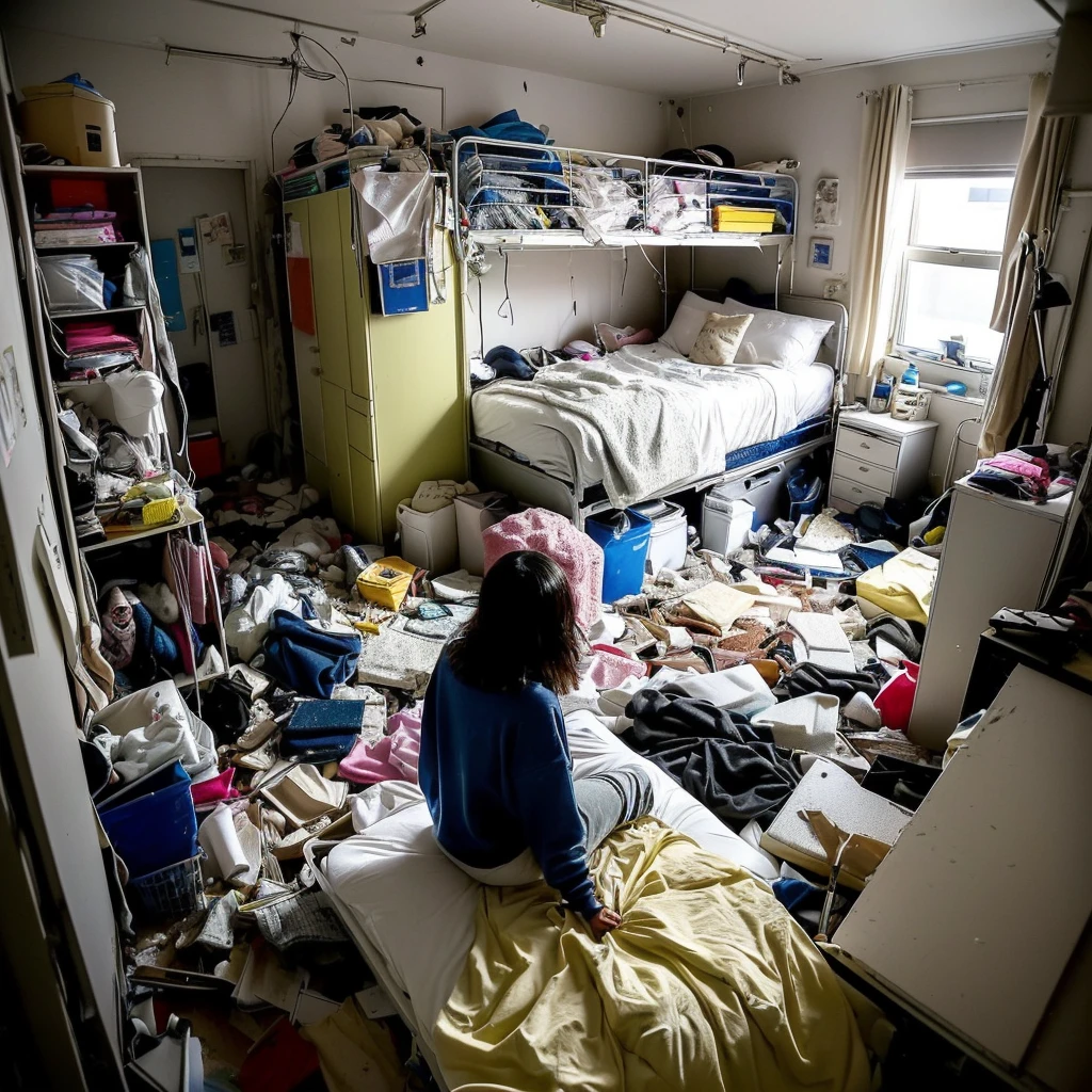 there is a woman sitting in a Messy room with a lot of clutter, inside a Messy room, Messy room, Claustrophobic room, Messy bedroom, Messy bedroomの中, Dirty room, Chaotic teen bedroom, Dirty apartment, In a decaying hospital room, Messy room, Crimmed New York apartment, A small room in Tokyo